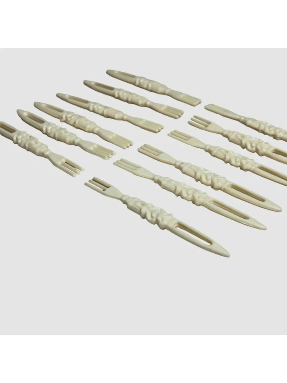 Vintage Appetizer Cocktail Forks Molded Plastic Celluloid Set of 12 Beige Hors d